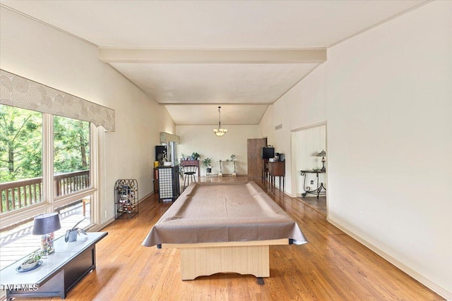 1902 Lamont St, Kingsport, TN 37664 - playroom featuring billiards, a chandelier, baseboards, beam ceiling, and wood finished floors