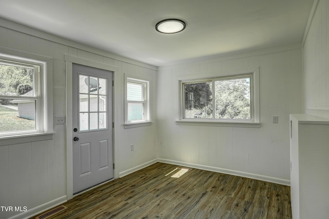 entryway with baseboards, dark wood finished floors, and plenty of natural light