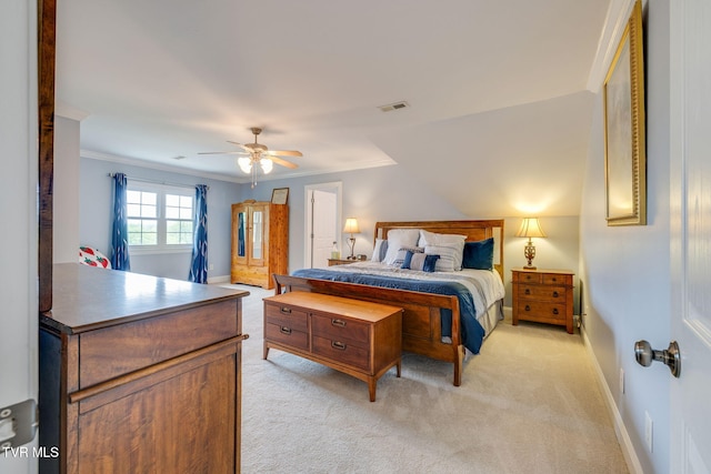bedroom featuring crown molding, visible vents, light carpet, and baseboards