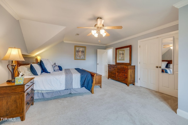 bedroom with light colored carpet, ceiling fan, and crown molding
