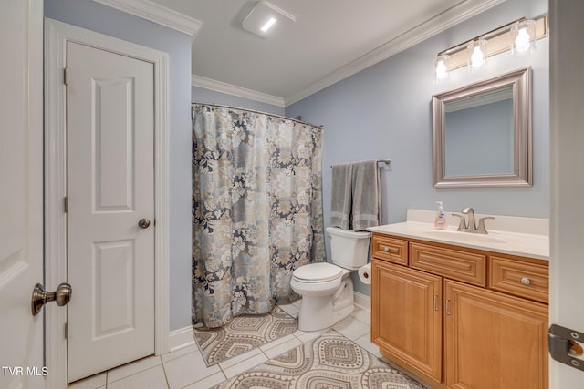 bathroom with baseboards, toilet, ornamental molding, vanity, and tile patterned flooring