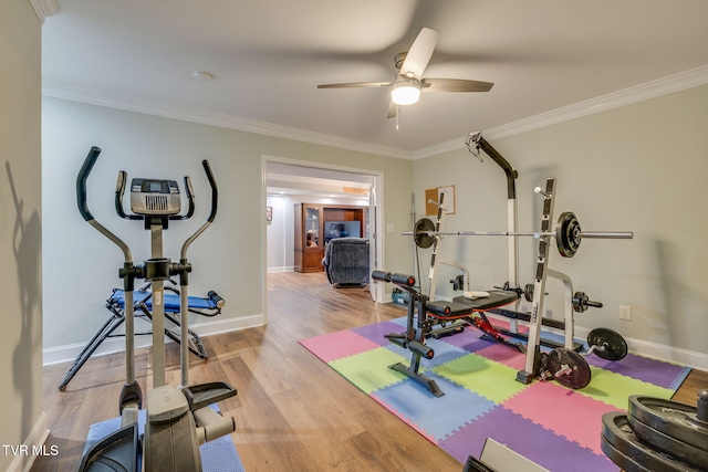 exercise room featuring wood finished floors, ceiling fan, ornamental molding, and baseboards