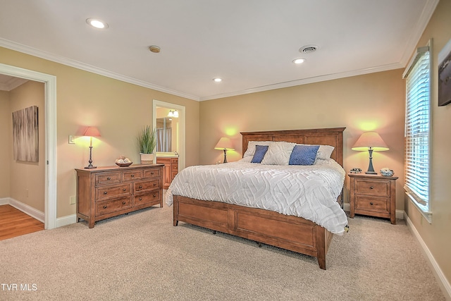 bedroom featuring recessed lighting, light colored carpet, and baseboards