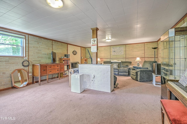 below grade area with carpet flooring and brick wall