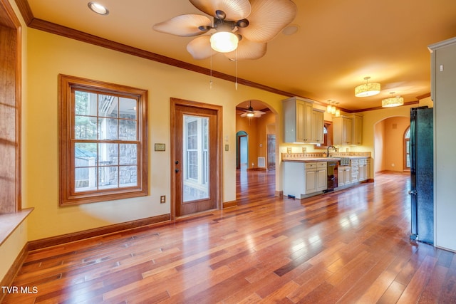 kitchen with arched walkways, a ceiling fan, wood finished floors, and crown molding
