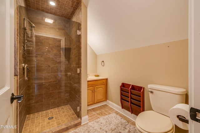 bathroom with recessed lighting, a shower stall, toilet, and vanity