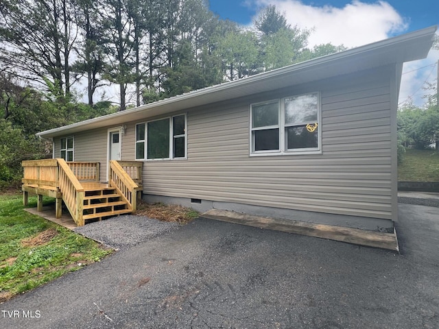 view of front of house with crawl space and a wooden deck