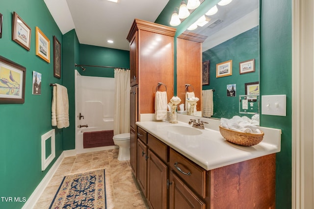 full bath with toilet, a notable chandelier, shower / tub combo, and vanity