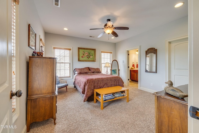 bedroom featuring visible vents, recessed lighting, baseboards, and light colored carpet