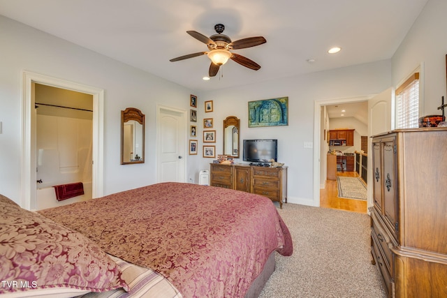 bedroom with recessed lighting, a ceiling fan, light colored carpet, and baseboards