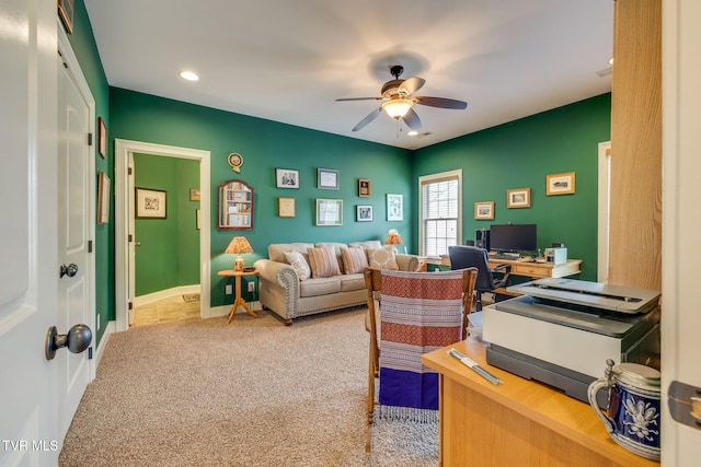 carpeted office space featuring recessed lighting and ceiling fan