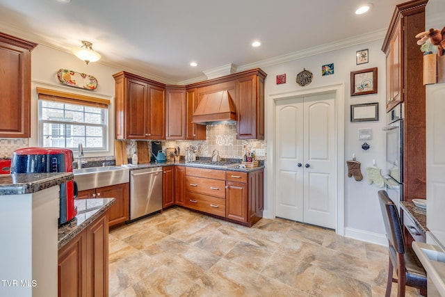 kitchen featuring decorative backsplash, ornamental molding, custom exhaust hood, a sink, and stainless steel appliances