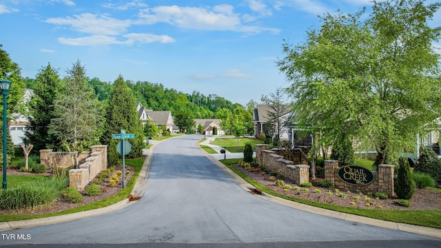 view of road featuring a residential view, traffic signs, curbs, and street lights