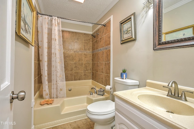 full bathroom with shower / bathtub combination with curtain, a textured ceiling, vanity, and toilet