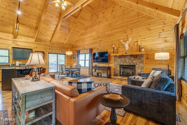 living room featuring wooden ceiling, light wood-type flooring, high vaulted ceiling, and wood walls