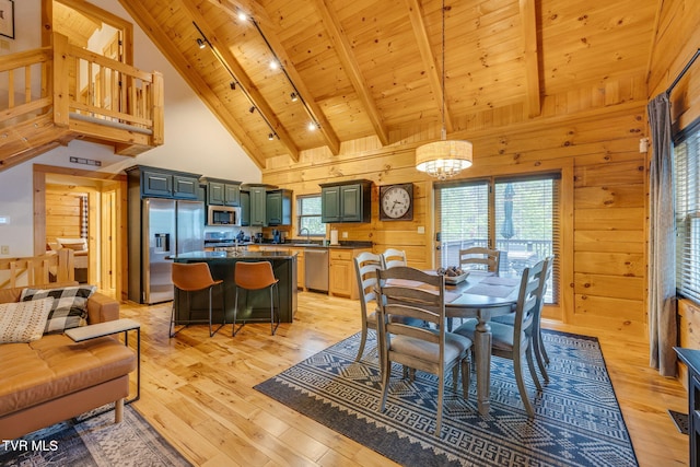 dining space featuring high vaulted ceiling, rail lighting, wooden ceiling, light wood-type flooring, and beamed ceiling
