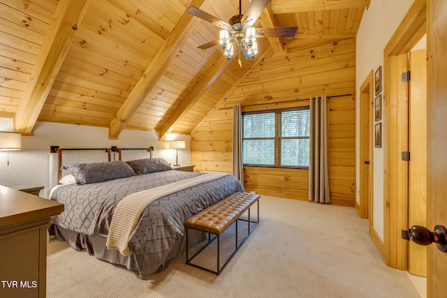 bedroom with wood walls, light carpet, vaulted ceiling with beams, wooden ceiling, and a ceiling fan