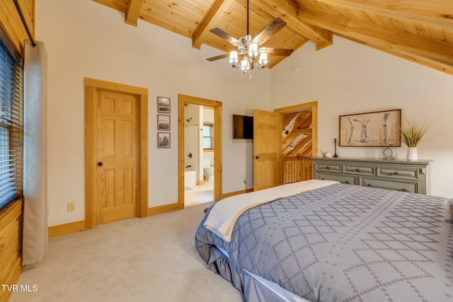 bedroom with high vaulted ceiling, wooden ceiling, beam ceiling, and light carpet