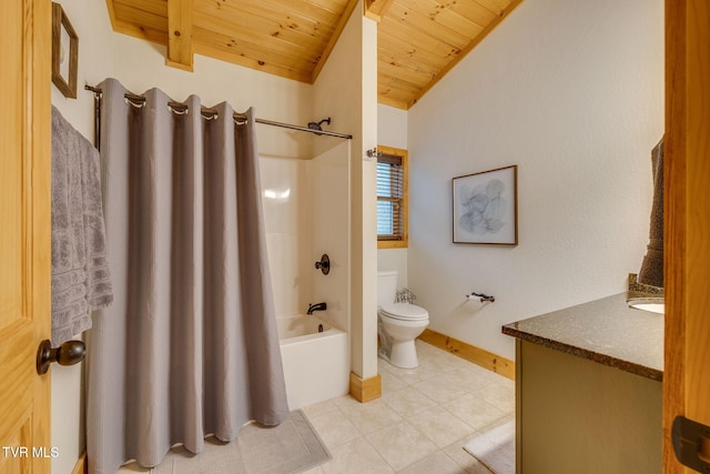 full bathroom with wooden ceiling, tile patterned floors, baseboards, vanity, and toilet