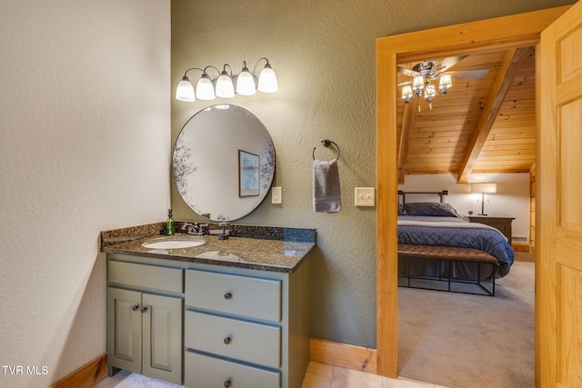bathroom with ceiling fan, wooden ceiling, vanity, a textured wall, and ensuite bath