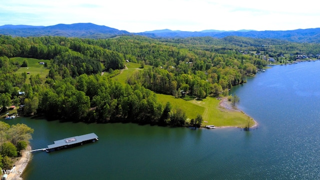 aerial view with a water and mountain view and a forest view