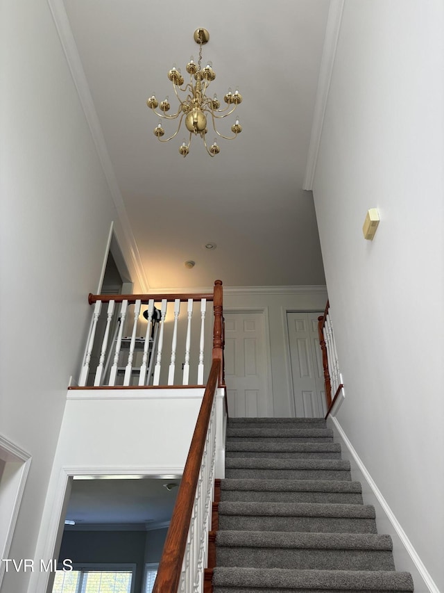 142 Oakwell Ln, Jonesborough, TN 37659 - staircase featuring an inviting chandelier, crown molding, and baseboards