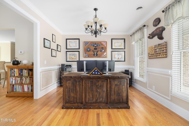 288 Max Jett Rd, Johnson City, TN 37601 - home office with an inviting chandelier, light wood-style flooring, a wainscoted wall, visible vents, and ornamental molding