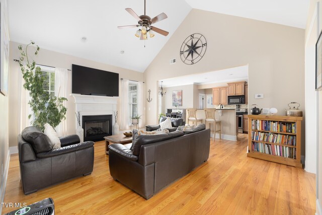288 Max Jett Rd, Johnson City, TN 37601 - living area featuring visible vents, a fireplace, high vaulted ceiling, a ceiling fan, and light wood finished floors