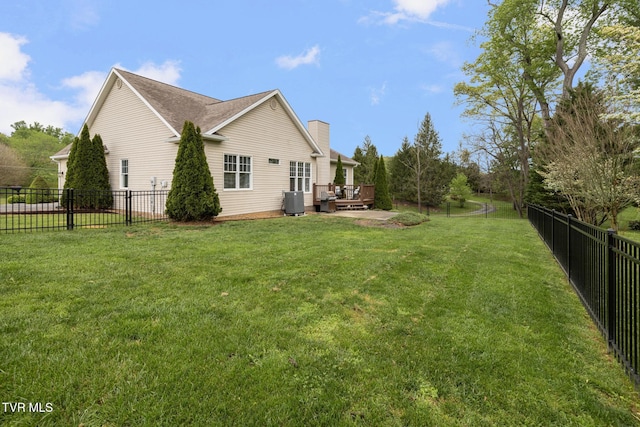 288 Max Jett Rd, Johnson City, TN 37601 - exterior space with a chimney, a lawn, a deck, central air condition unit, and a fenced backyard