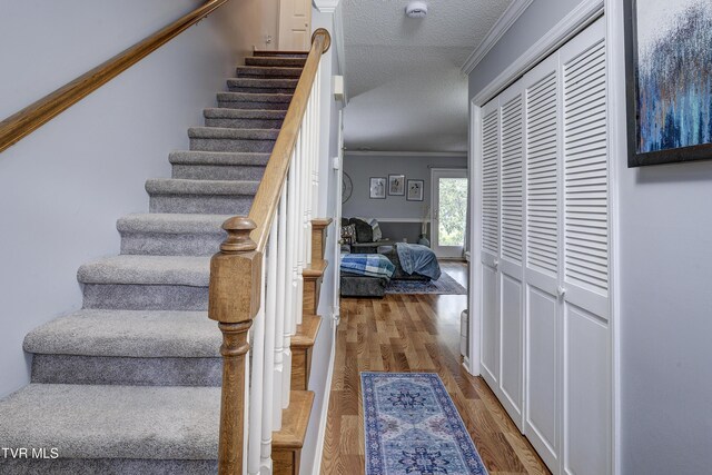 400 Sunset Dr Unit P83, Johnson City, TN 37604 - stairs with crown molding, a textured ceiling, and wood finished floors