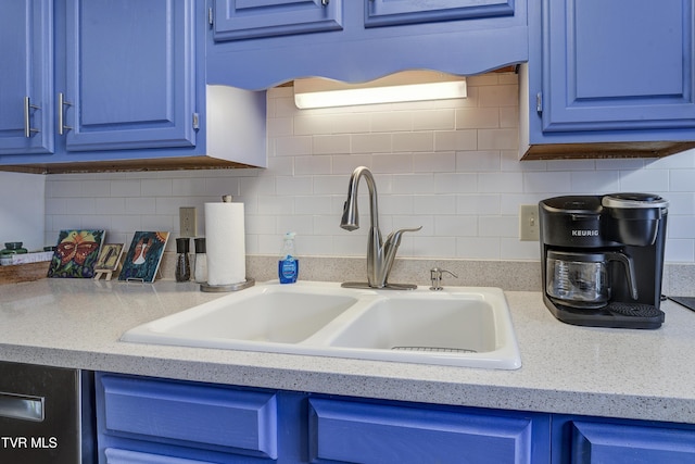 400 Sunset Dr Unit P83, Johnson City, TN 37604 - kitchen with light countertops, a sink, backsplash, and blue cabinetry