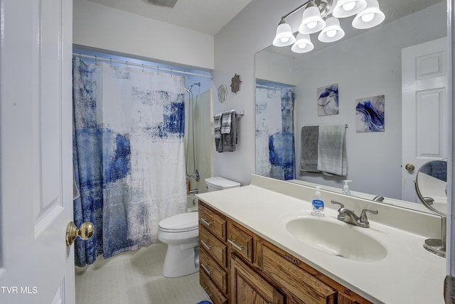 400 Sunset Dr Unit P83, Johnson City, TN 37604 - bathroom with tile patterned flooring, an inviting chandelier, vanity, curtained shower, and toilet
