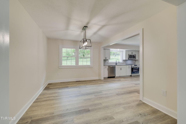 unfurnished dining area with baseboards and light wood-style floors