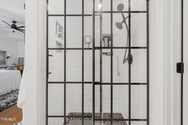 details with connected bathroom, ceiling fan, and a stall shower