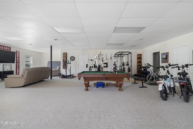 game room with carpet floors, billiards, and a drop ceiling