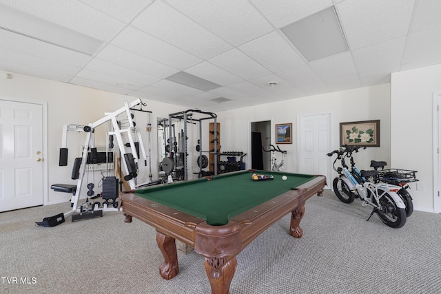 rec room featuring carpet floors, baseboards, a drop ceiling, and billiards