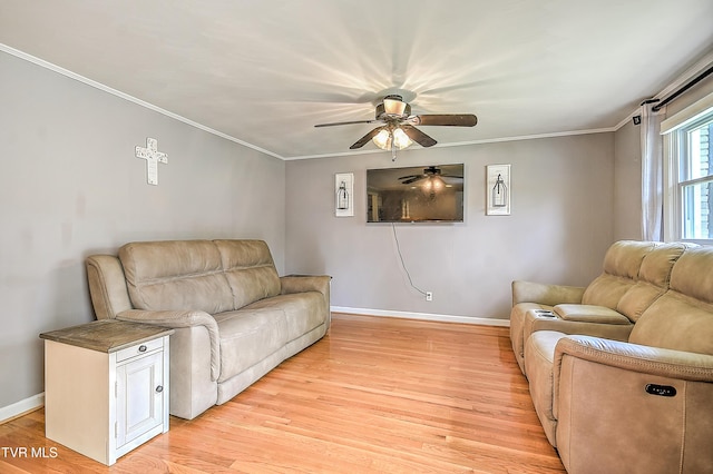 19032 Woodland Hills Rd, Abingdon, VA 24210 - living area featuring baseboards, ceiling fan, light wood-style floors, and crown molding