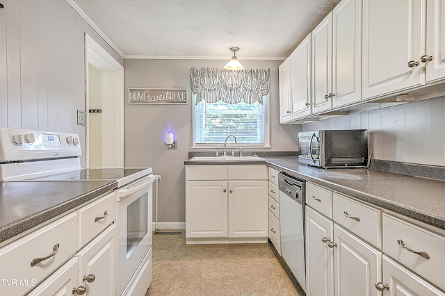 19032 Woodland Hills Rd, Abingdon, VA 24210 - kitchen featuring stainless steel microwave, white cabinets, a sink, dishwashing machine, and white range with electric cooktop