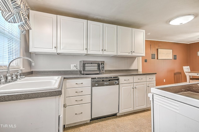 19032 Woodland Hills Rd, Abingdon, VA 24210 - kitchen featuring stainless steel microwave, white dishwasher, white cabinets, dark countertops, and a sink