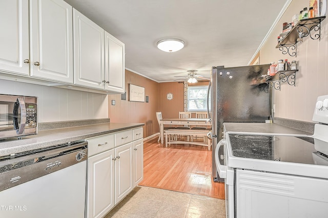 19032 Woodland Hills Rd, Abingdon, VA 24210 - kitchen with ornamental molding, ceiling fan, white appliances, and white cabinets