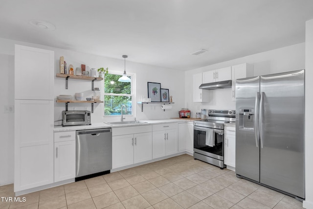 302 Wilson Ave, Johnson City, TN 37604 - kitchen featuring light countertops, under cabinet range hood, white cabinets, a sink, and appliances with stainless steel finishes