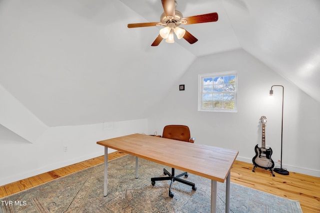 302 Wilson Ave, Johnson City, TN 37604 - home office featuring a ceiling fan, baseboards, vaulted ceiling, and wood finished floors