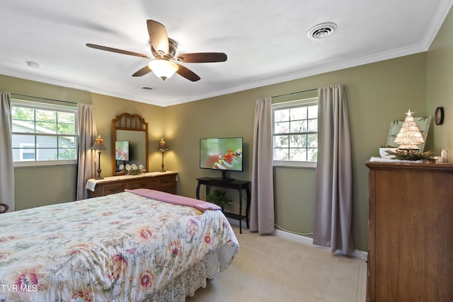 2004 Old Tusculum Rd, Greeneville, TN 37745 - bedroom featuring ceiling fan, visible vents, crown molding, light colored carpet, and baseboards