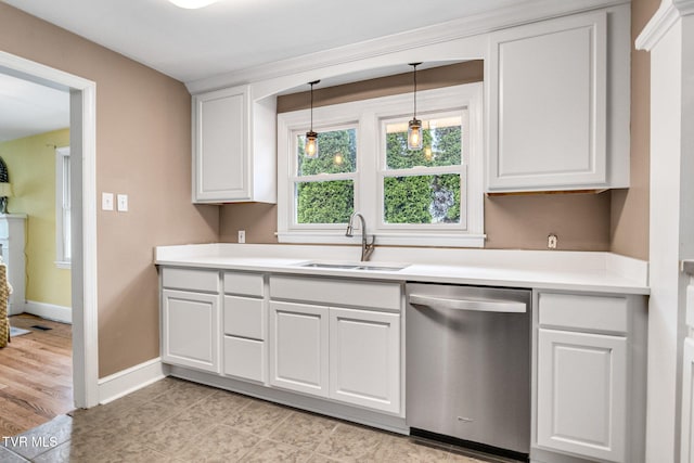 300 SW Grove Terrace Dr, Abingdon, VA 24210 - kitchen featuring dishwasher, a sink, white cabinetry, light countertops, and pendant lighting