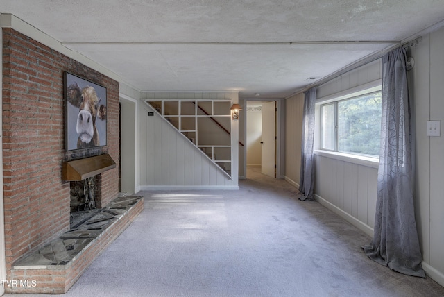 below grade area with wooden walls, carpet floors, and baseboards