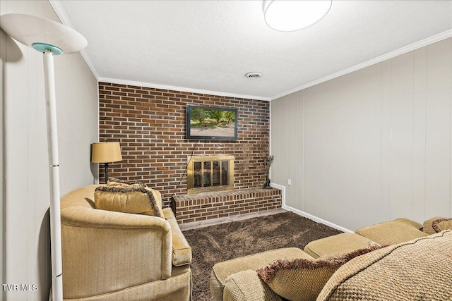1837 Presswood Rd Unit 1837, Johnson City, TN 37604 - carpeted living room featuring ornamental molding, a fireplace, brick wall, and visible vents