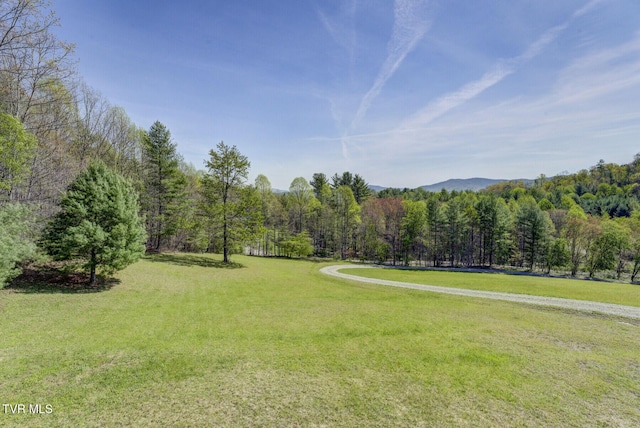 view of property's community with a yard and a view of trees