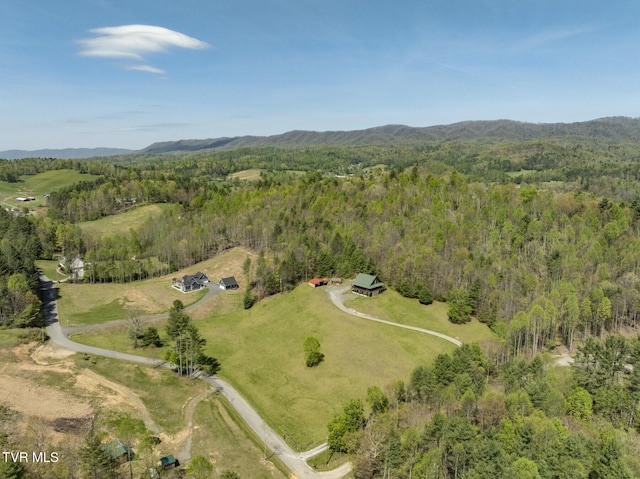 birds eye view of property featuring a mountain view and a forest view