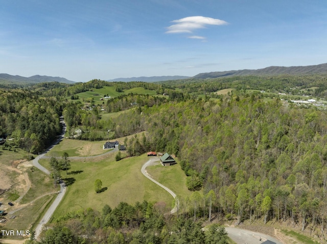 bird's eye view with a view of trees and a mountain view