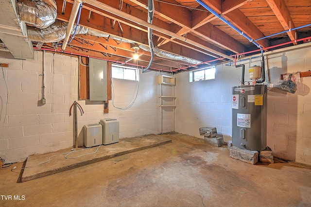 basement featuring electric panel and electric water heater